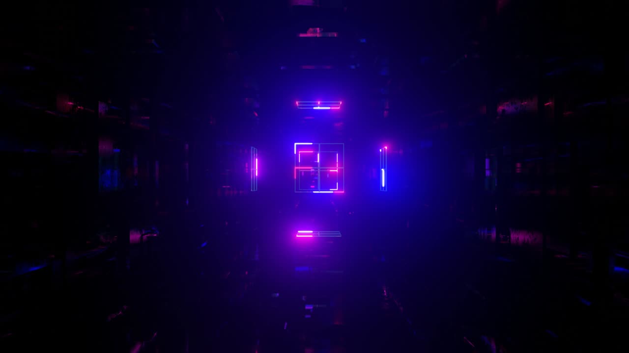 3d object or structure rotates and moves inside glass mirror tunnel with neon light, bright reflections. Fantastic abstract bg looped in 4k. Vj loop for show. Sci fi bg fly through hi tech tunnel