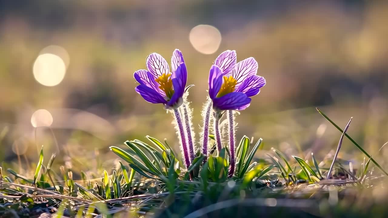 Ripresa video ravvicinata di due fiori viola in un prato, catturata a livello del suolo