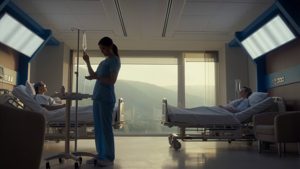 Nurse caring for patients in a hospital room with a view