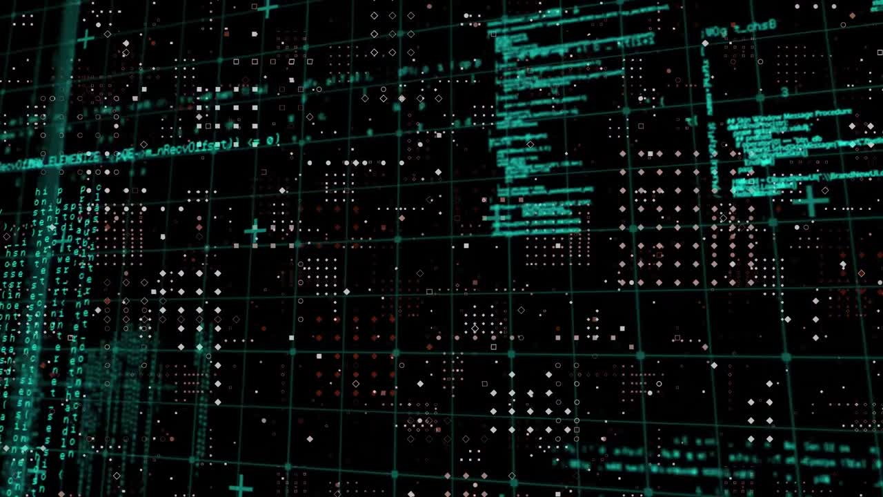 검은색 배경의 행 점 패턴에 대한 그리드 네트워크를 통해 데이터 처리의 애니메이션