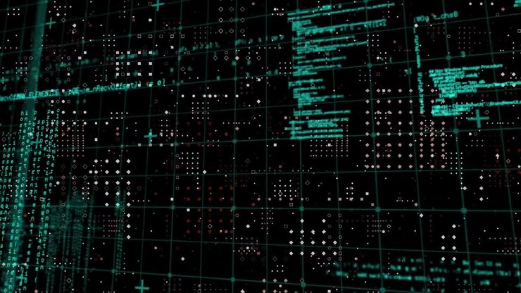Animation of data processing over grid network against rows dots pattern on black background