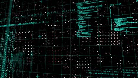 animation of data processing over grid network against rows dots pattern on black background