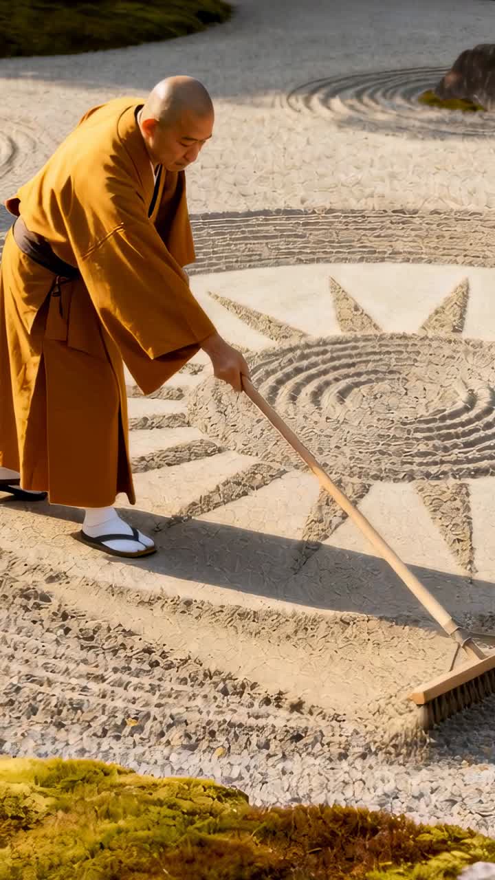 Video verticale: monaco in veste che rastrella a sinistra, che modella la ghiaia in un tempio per un rituale con un rastrello, spazio per il testo