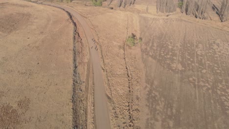 toma aérea siguiendo a un grupo de ciclistas de montaña corriendo en un camino de grava