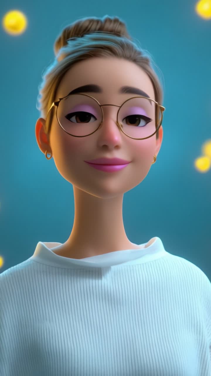 Un bellissimo personaggio animato con gli occhiali e un'espressione rilassata in uno sfondo con luce soffusa caratterizzato da caldi effetti bokeh, che emana un'aura calma.