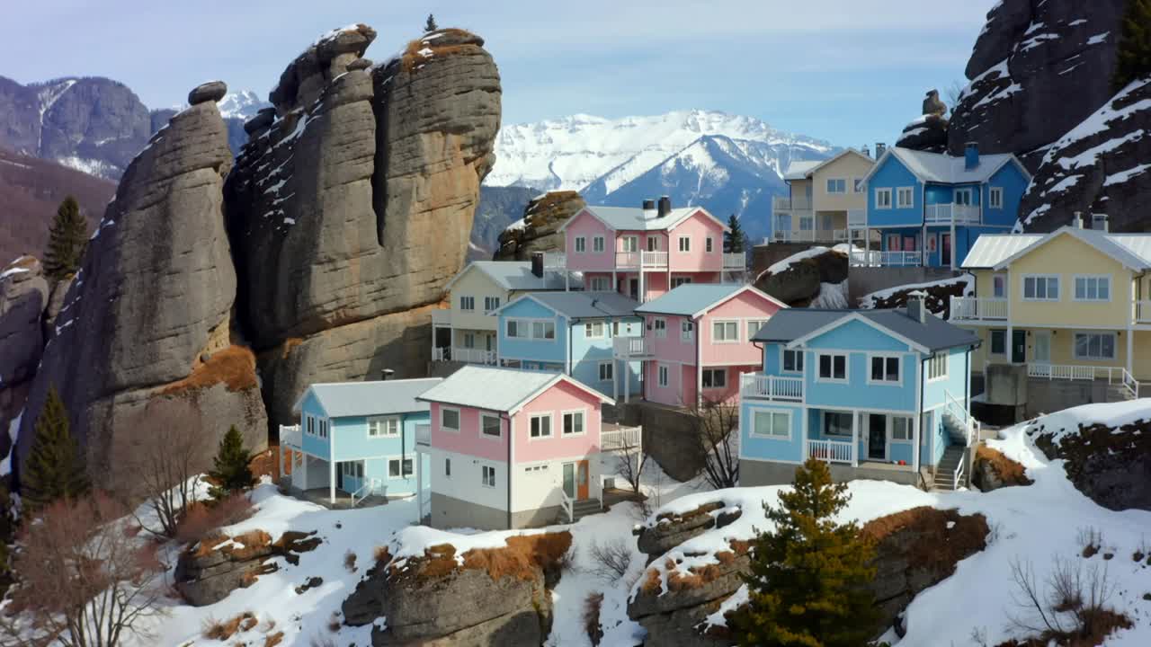 Drone che si avvicina a un gruppo di case color pastello su una scogliera, immortalando scalinate e cime innevate