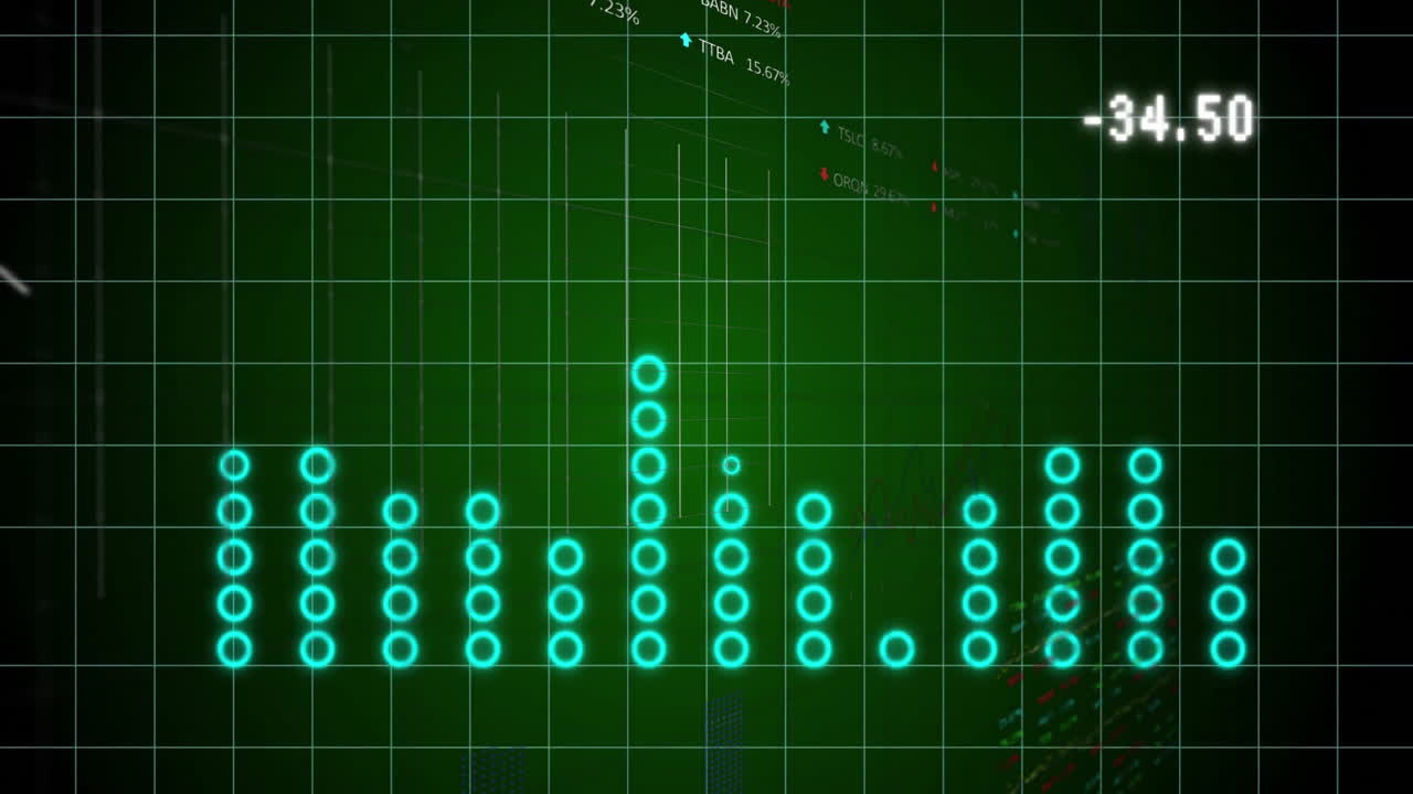 Glowing blue bar graph animation over green grid with numerical data
