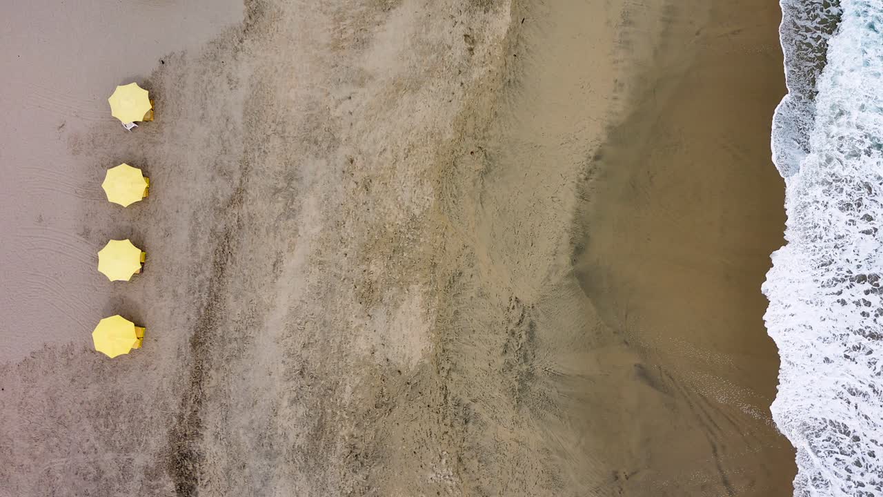 노란 우산 해안선 공중 드론이 백사장 이상적인 목가적인 해변 위로 날아갑니다.