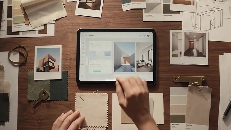 Indretningsarkitekt arbejder på moodboard med tablet