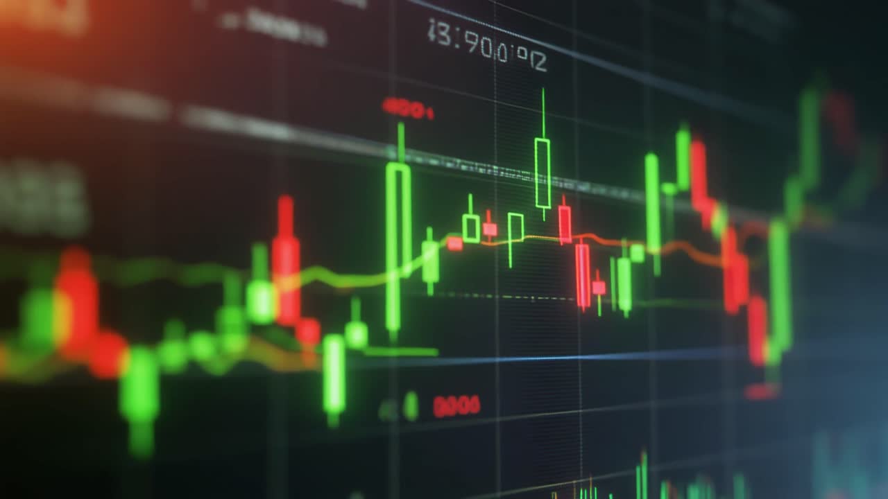 Grafico a Candele Animato del Mercato Azionario che Mostra Dati Finanziari