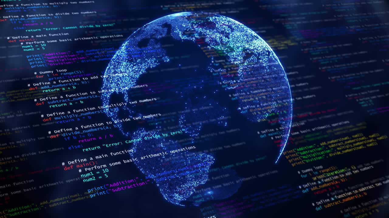 Digital Codes and Global Connectivity: Business Technology on a Blue Globe Map