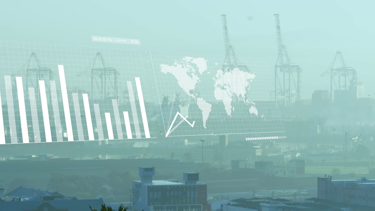 White graphs drawing on load line pulsing area filling bars rising map fading showing port trade