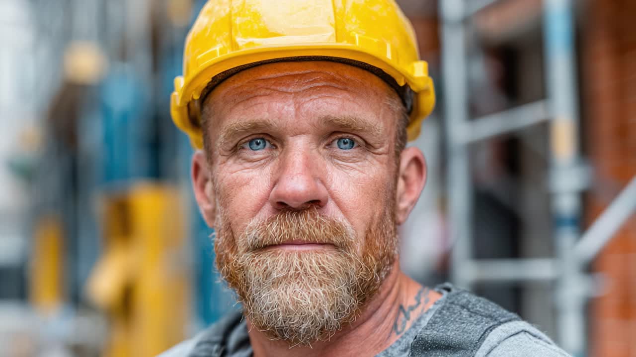 A Construction Worker in Safety Gear with a Yellow Hard Hat and Striking Blue Eyes Captured in a Close-Up Frame, Demonstrating Confidence and Commitment to Safety Standards