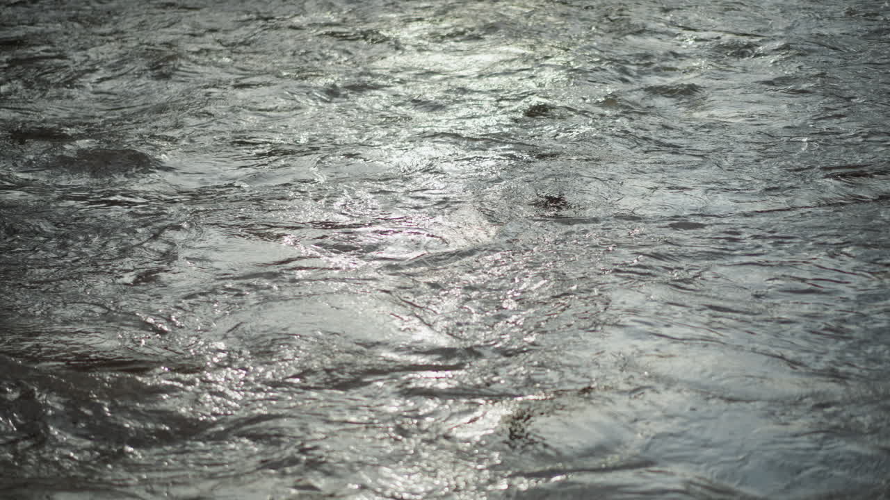 Close-up of flowing river water with sunlight reflecting off rippling surface, capturing natural movement and shimmering texture in outdoor environment, conveying freshness, energy, and peaceful nature