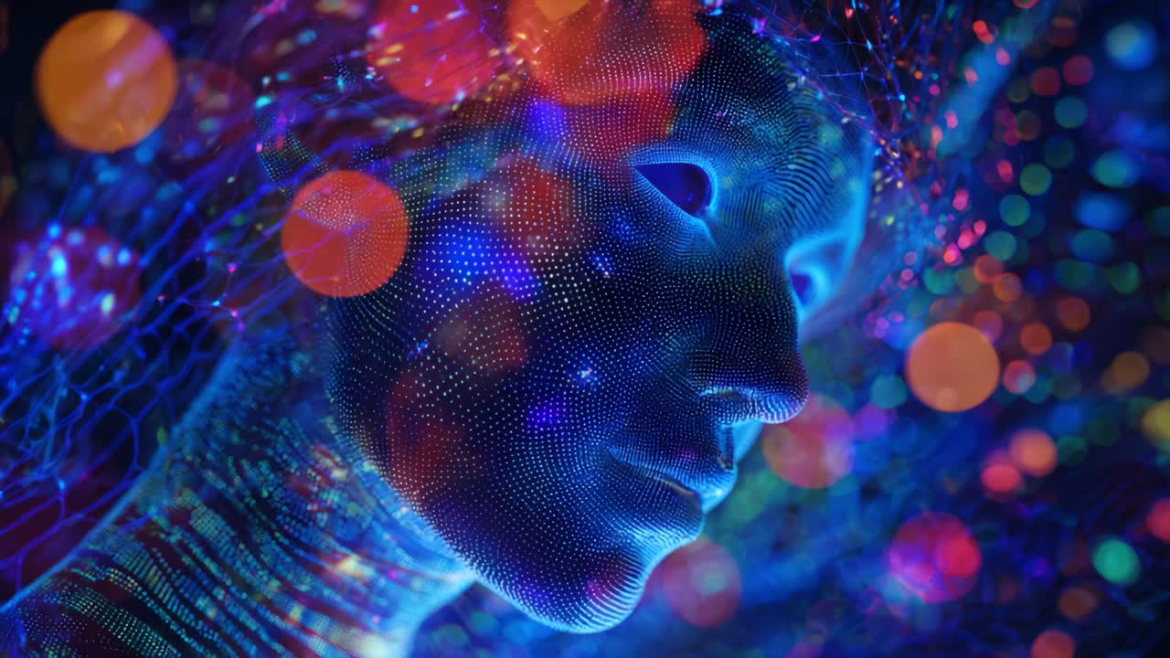 A mesmerizing artificial intelligence manifestation depicted through intricate digital patterns and vibrant colors, showcasing the fusion of technology and human-like features in a visually stunning representation