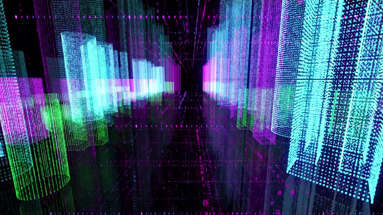holograma abstracto de bucle de color sin costuras 3d renderización digital de la ciudad nocturna con matriz futurista. edificios de animación con red de partículas de código binario