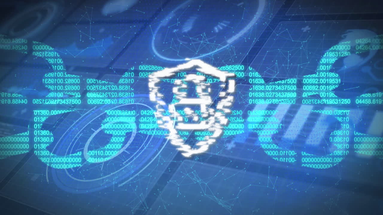 Digital security shield icon over binary code and network connections animation