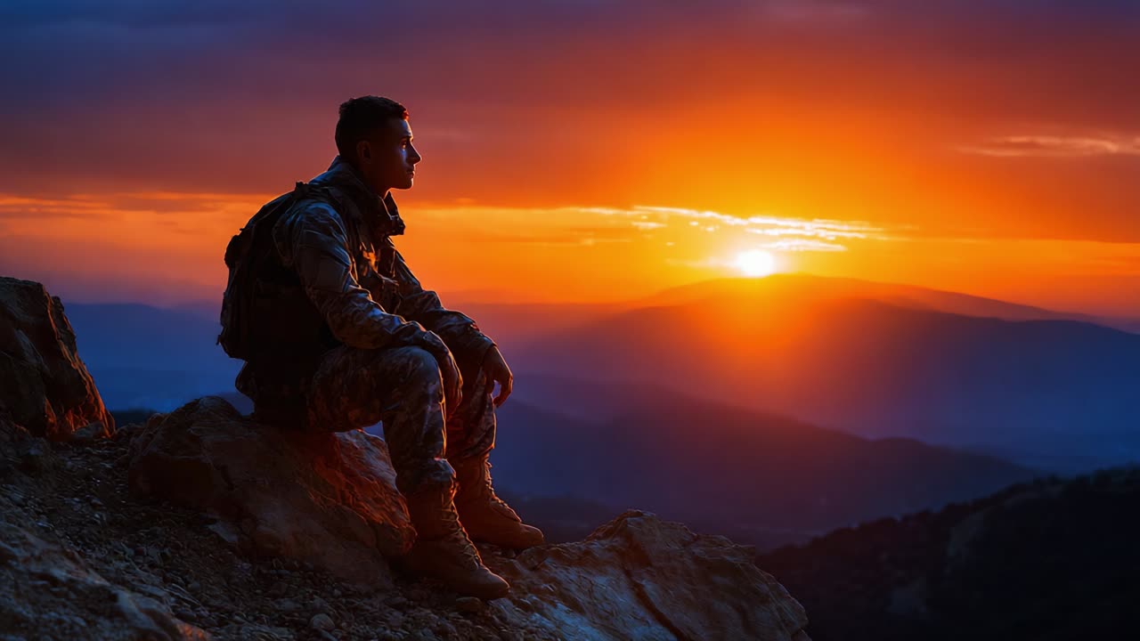 Un soldato solitario ammira la bellezza del tramonto mentre è appollaiato su uno sperone roccioso, circondato da montagne mozzafiato e cieli incantevoli, a simboleggiare la pace e l'introspezione nella natura