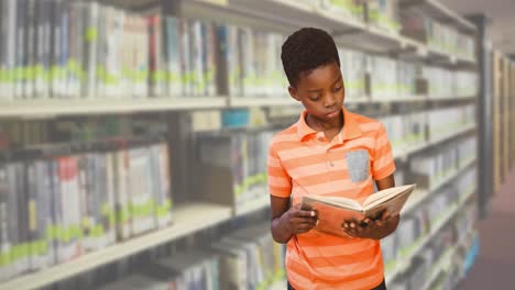 animation of book week text over african american boy reading book in library