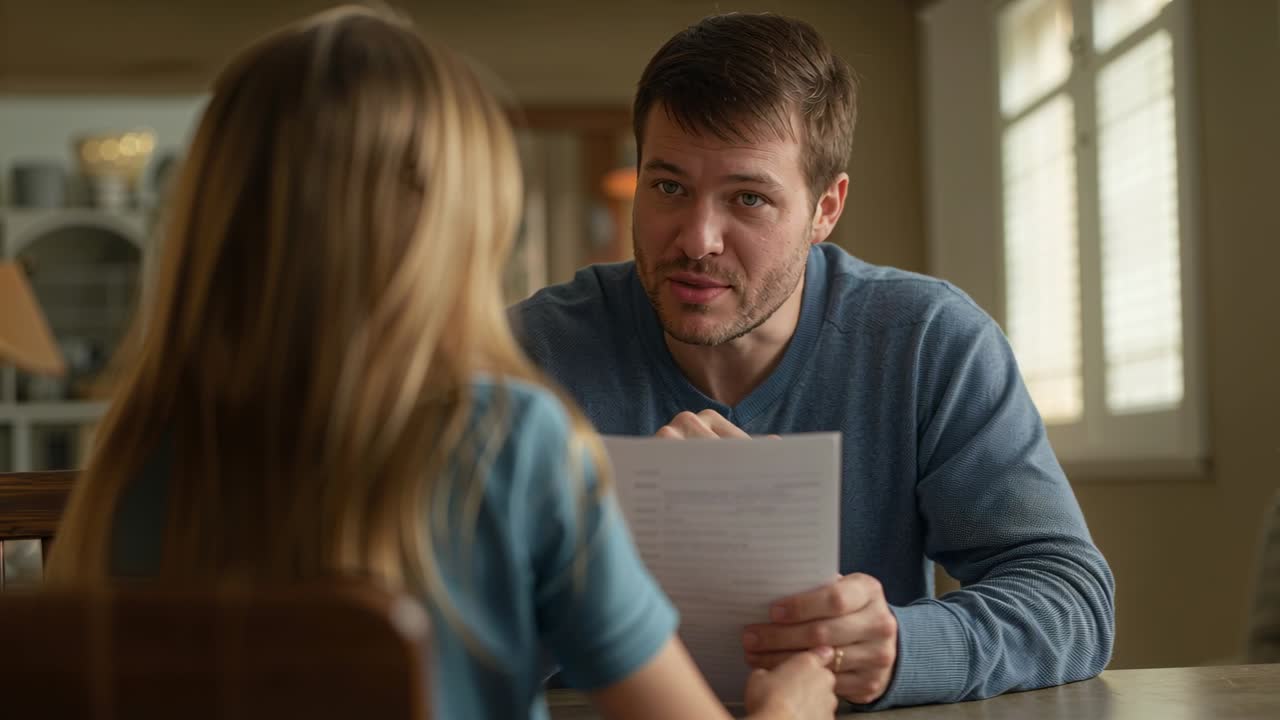 Reading father in blue pullover checking child's homework paper at dining table after child placing