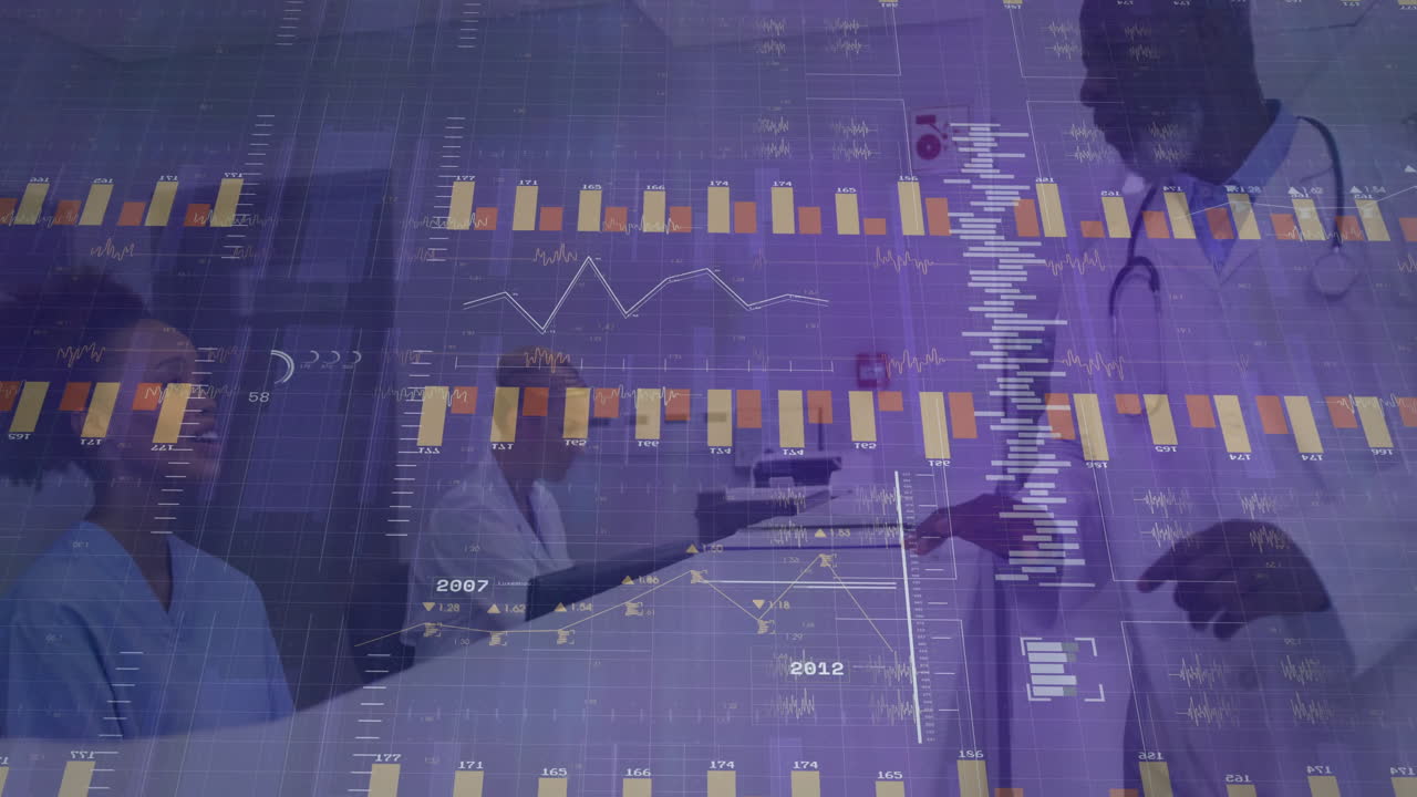 Analyzing data charts and graphs animation over medical professionals in discussion