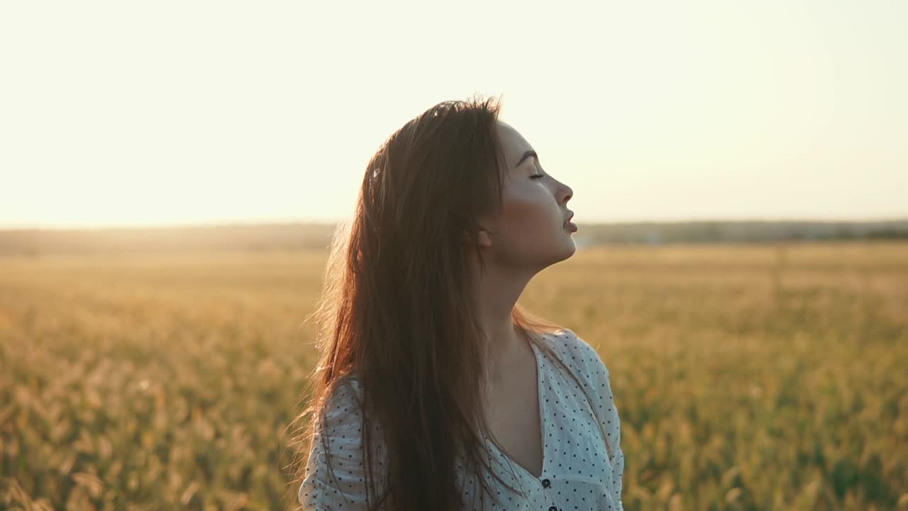 mujer en un campo de trigo al atardecer