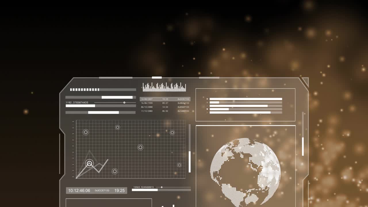 After loading, translucent UI materializing then expanding charts updating showing data cycle