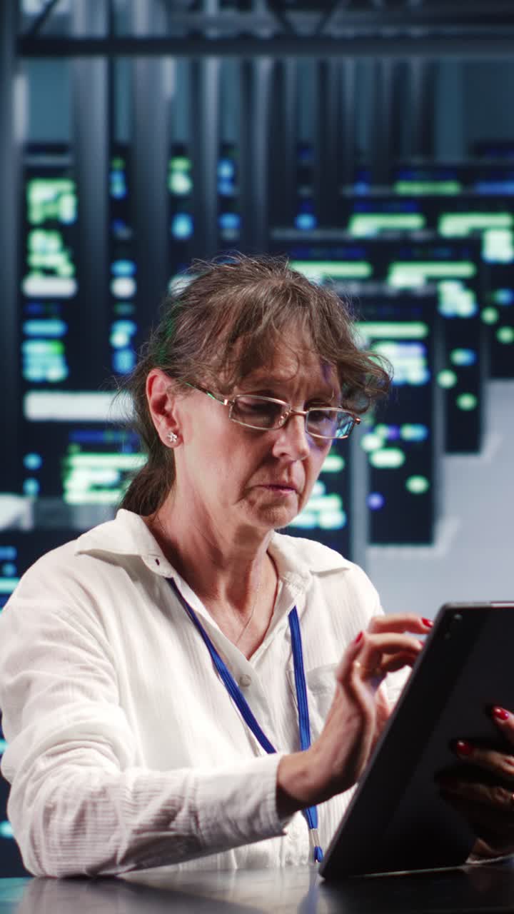 Team administrator med tablet udbedrer servere