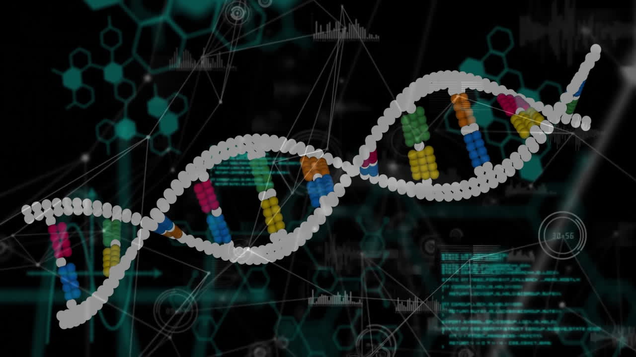 Animation of data processing and network of connections over dna strand on black background