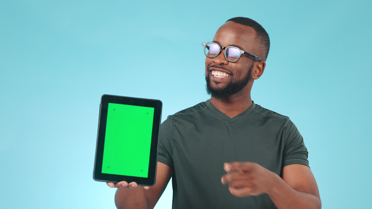 Hand, green screen and pointing to a tablet