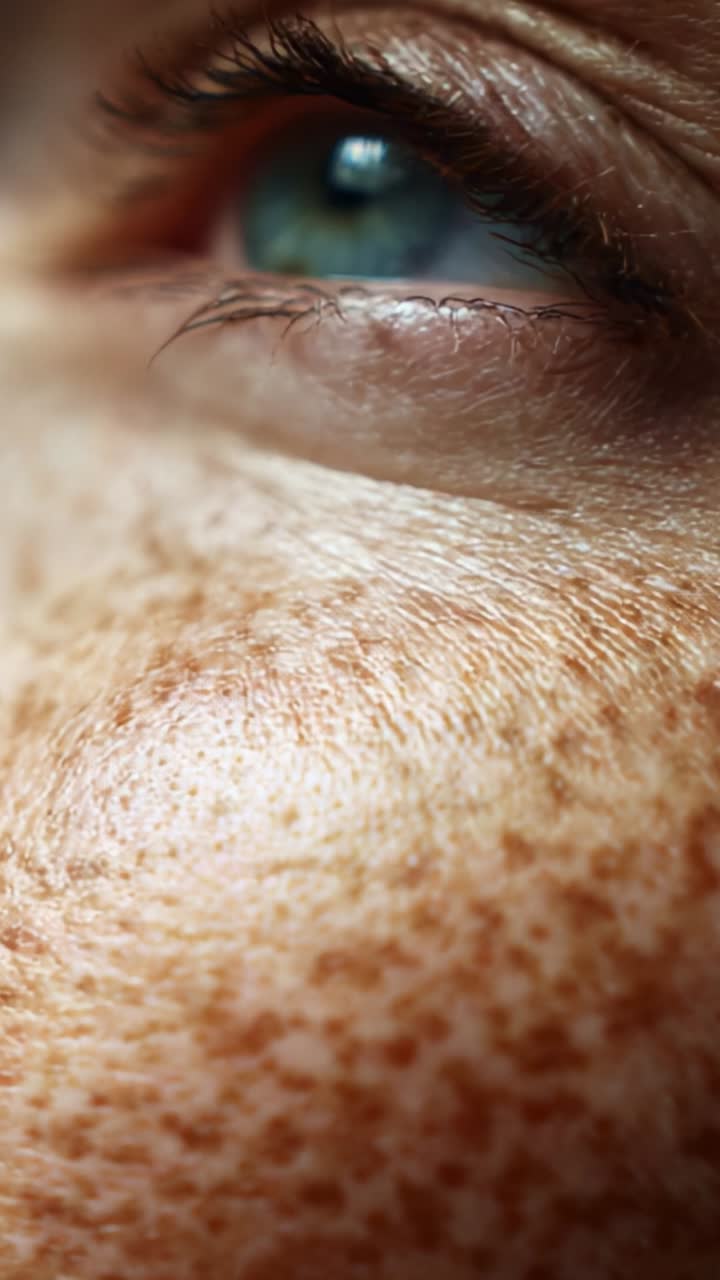 Primo piano di una superficie cutanea con lentiggini con messa a fuoco su un occhio che cattura le texture naturali e i motivi unici della pelle umana in condizioni di luce soffusa