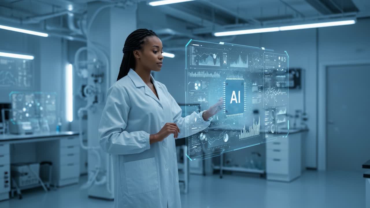 A researcher in a lab coat interacts with a holographic display showcasing artificial intelligence data and analytics, illustrating the fusion of technology and science
