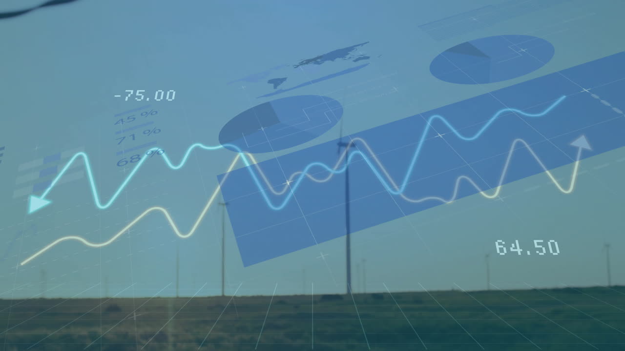 Flat design wind turbines spinning on plain, showing translucent charts and numeric data overlays