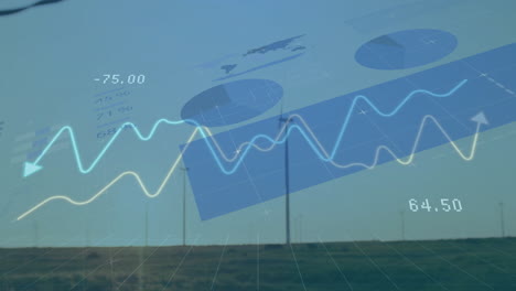flat design wind turbines spinning on plain, showing translucent charts and numeric data overlays
