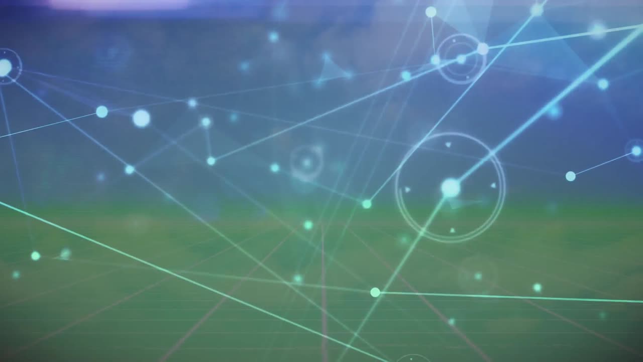 그레디언트 배경에 대한 녹색 그리드 네트워크를 통해 연결 네트워크의 애니메이션