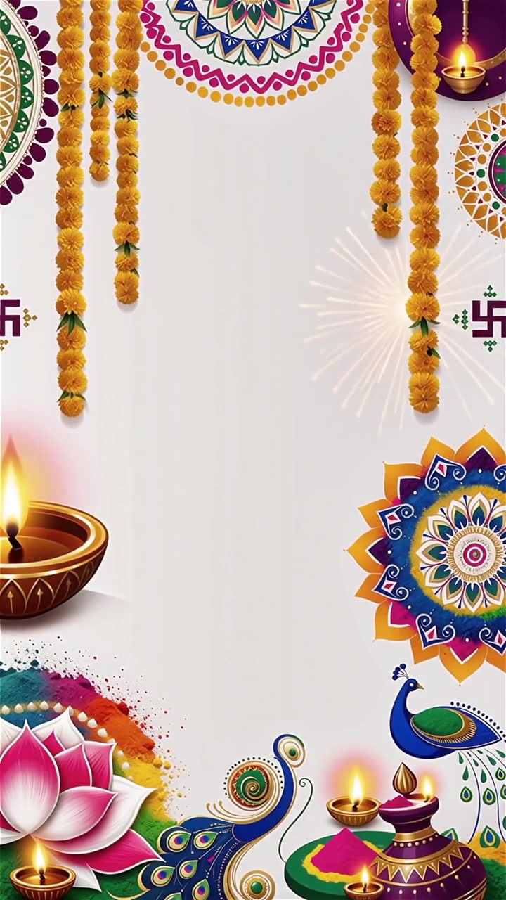 Sfondo Diwali con Diyas luminosi, Rangoli e fiori di loto