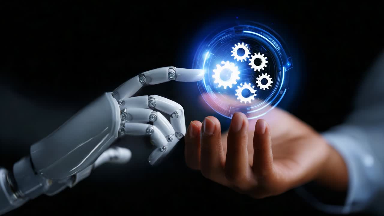 A Futuristic Interaction Between Human and Robot: The Human Hand Meets the Robotic Finger, Creating a Connection Through Gears and Digital Interfaces in a High-Tech Environment