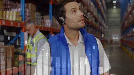 animation of financial data processing and diverse workers in warehouse