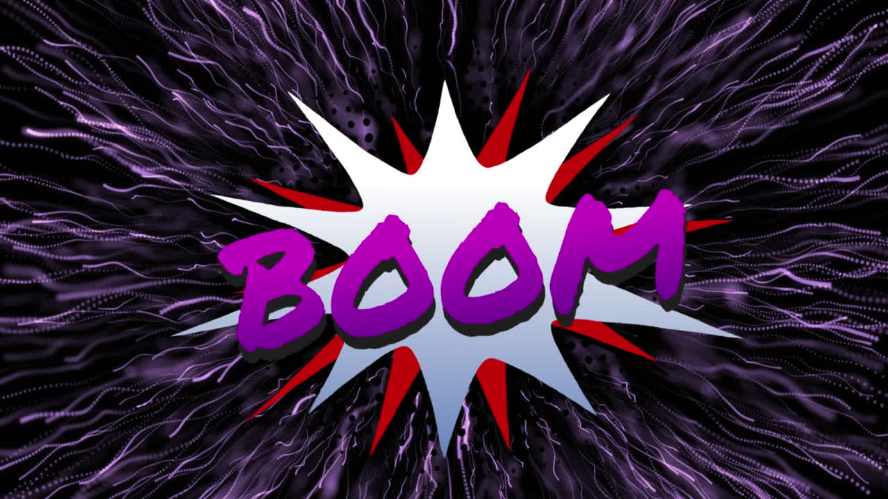 animación de texto púrpura retro boom sobre burbujas de habla de estrellas sobre fondo negro