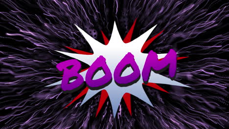 animación de texto púrpura retro boom sobre burbujas de habla de estrellas sobre fondo negro