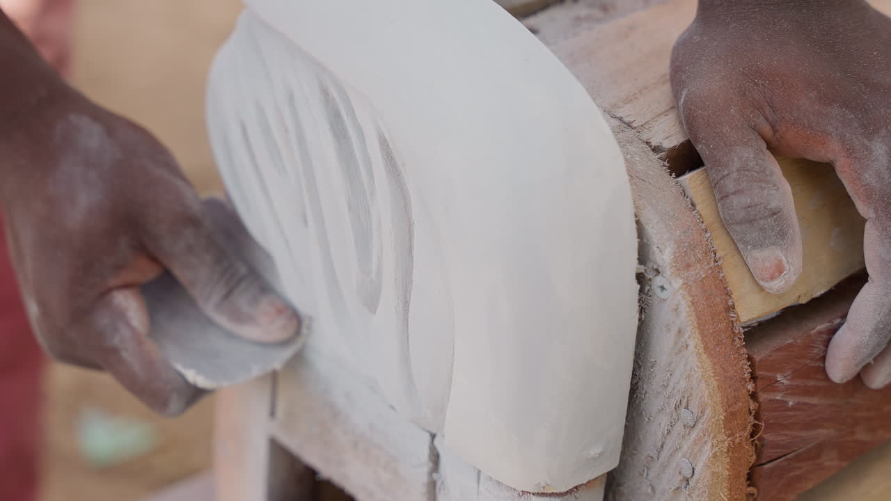 Primo piano di mani che modellano e levigano un corrimano in legno curvo all'aperto. Un artigiano esperto leviga e rifinisce con cura un corrimano in legno intagliato e dettagliato in un ambiente di laboratorio all'aperto.
