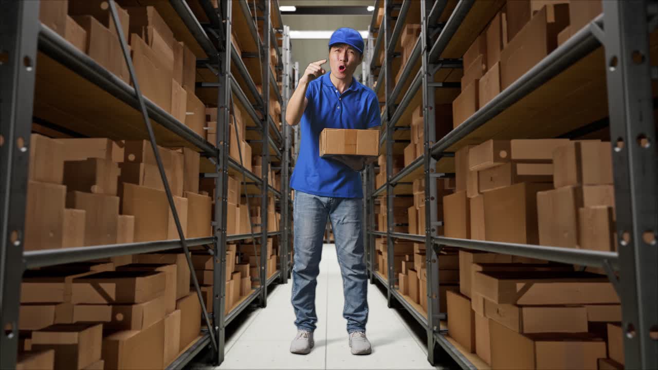 cuerpo lleno de mensajero masculino asiático insatisfecho en uniforme azul gritando a la cámara mientras entrega una caja en el almacén