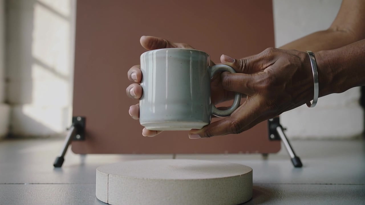 Placing maker hands from right wearing silver cuff, rotating celadon mug on low pedestal