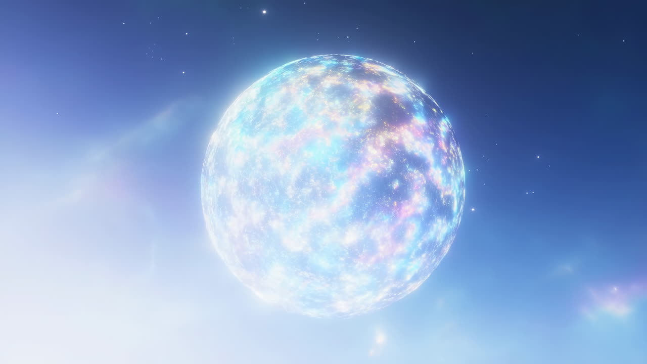 雲の上に浮かぶ青く輝く惑星。玉虫色の球体が霧の中からゆっくりと現れ、柔らかな星空を背景にしている。