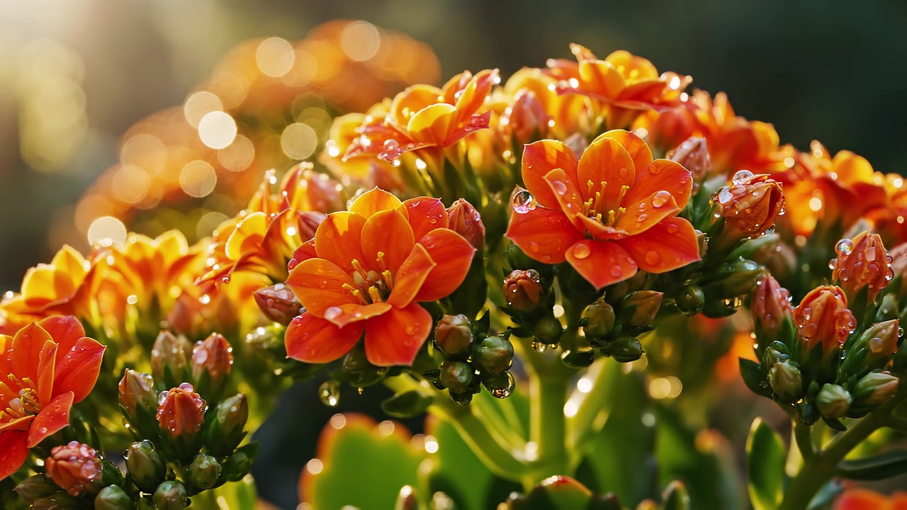 Fiori d'arancio vivaci con gocce d'acqua alla luce dorata del sole