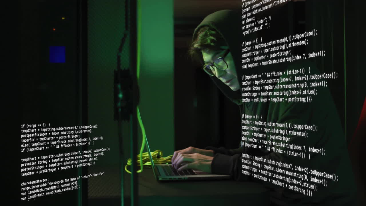 Typing on laptop, person in hoodie surrounded by digital code animation