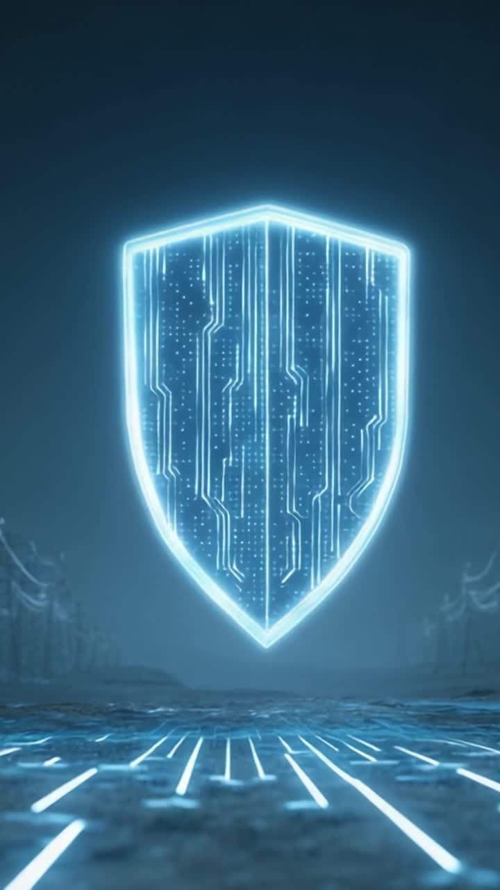 A Glowing Digital Shield Emerging from the Ground with Futuristic Circuit Patterns Illuminating the Dark Surroundings, Signifying Protection and Technology