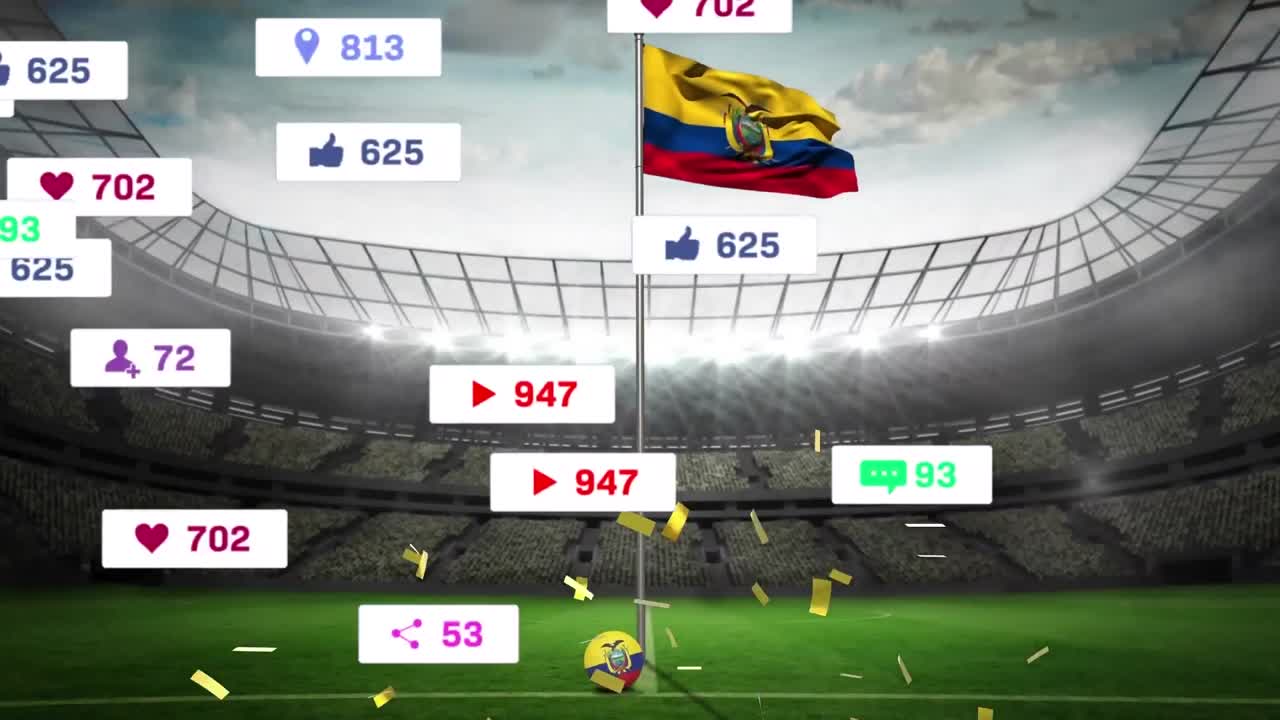 스포츠 경기장을 향해 텍사스  ⁇ 발을 흔들고 있는 소셜 미디어 아이콘과 콘페티의 애니메이션