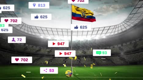 animación de iconos de las redes sociales y confeti cayendo sobre la bandera de texas contra el estadio deportivo