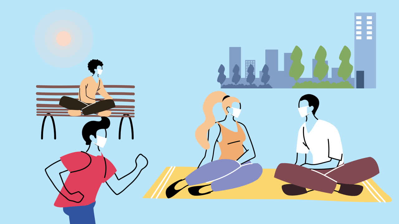 공원에서 코로나19 예방을 위해 의료 마스크를 착용하는 젊은이들